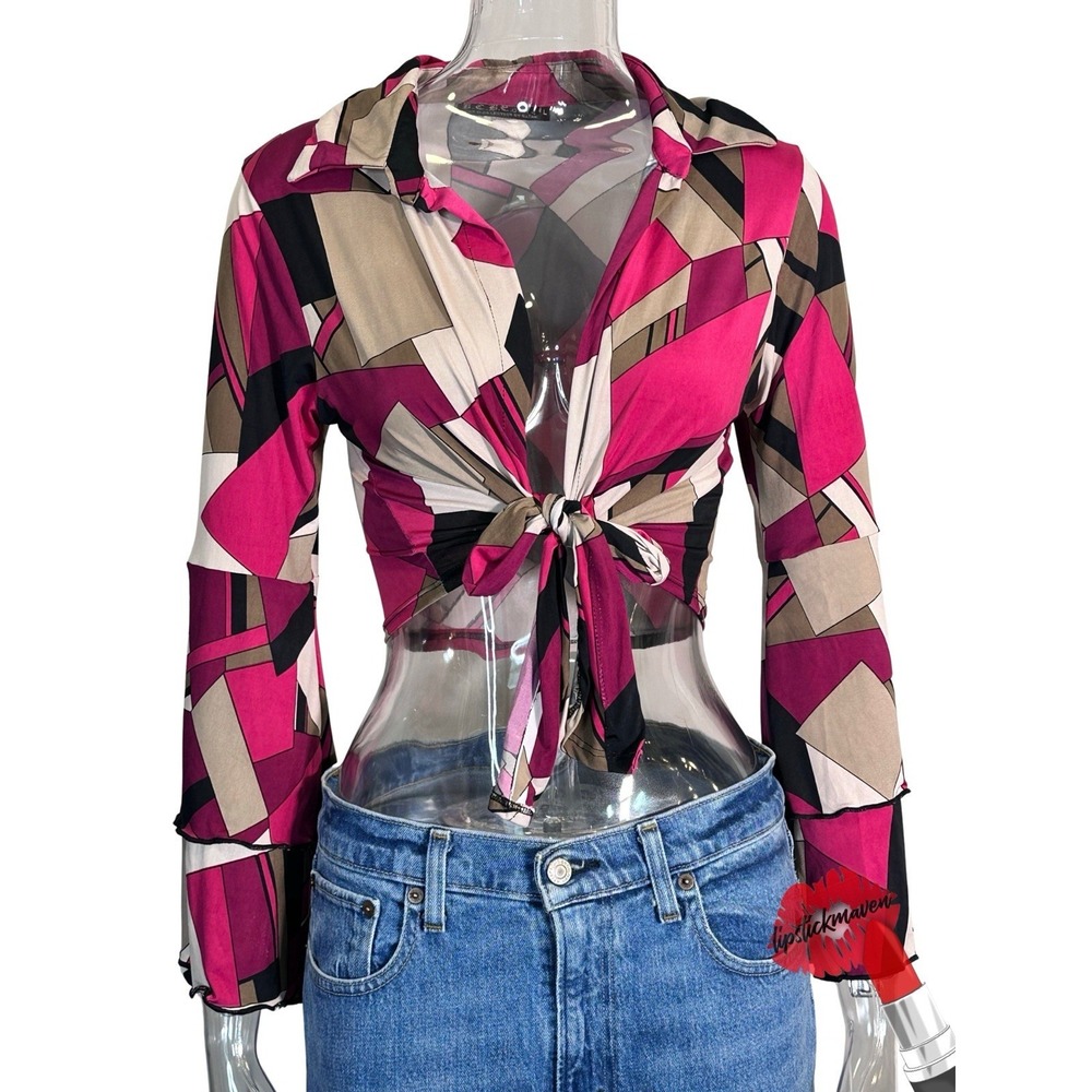 Vintage BCBG Top Womens Large Pink Geometric Crop Indie Fairy Romantic 90s